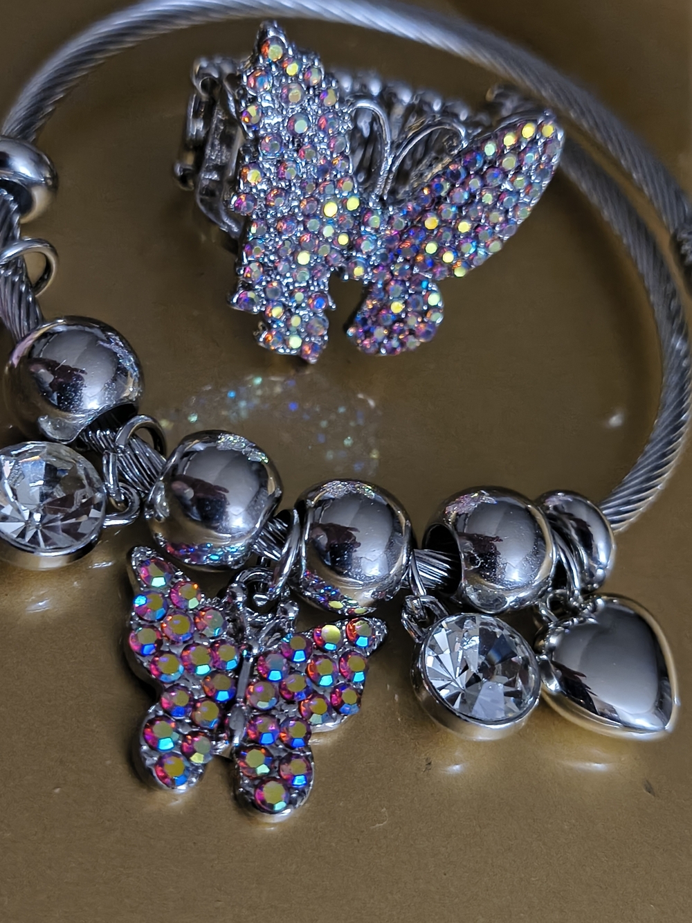 Cottage Core  Butterfly Charm Bracelet And Ring Set with Multi Crystals